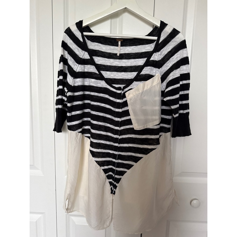 Free People Striped Mixed Media Silk Linen Knit Top Black White Large